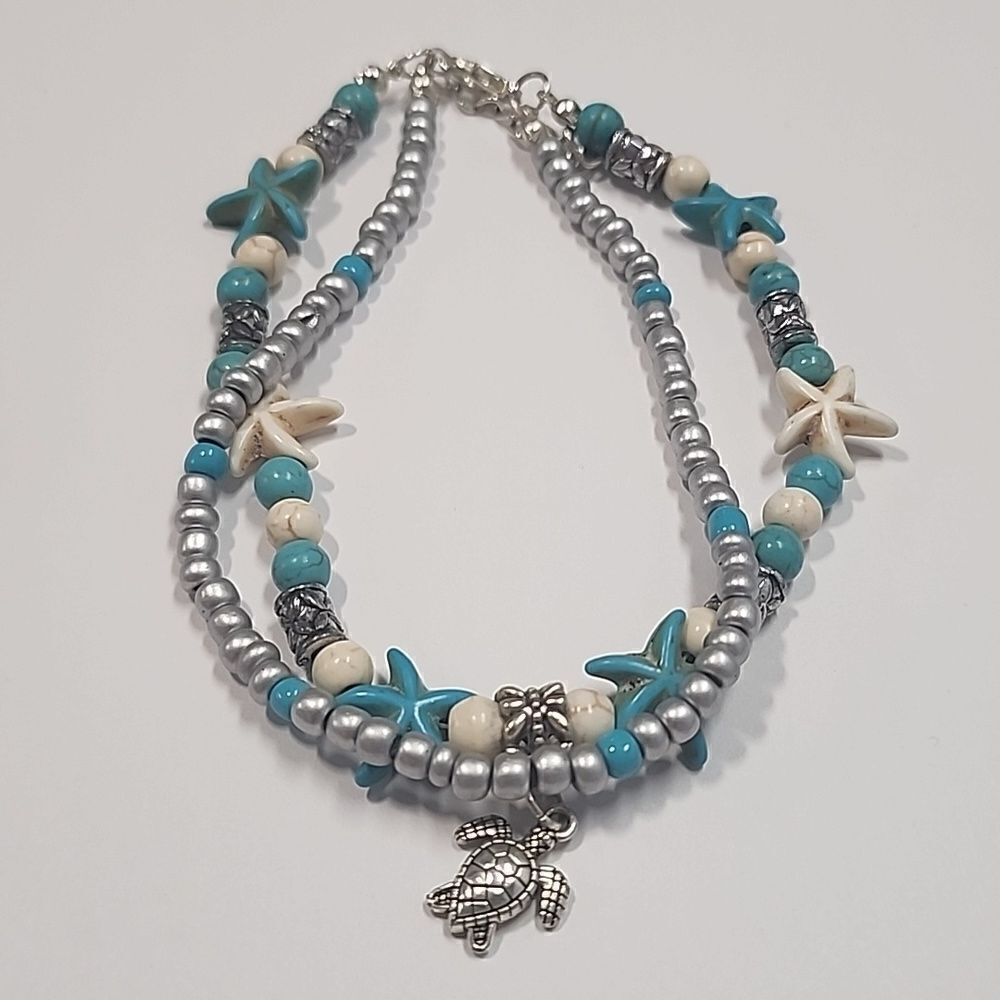 Sea Turtle Starfish beaded Anklet , Turquoise Color Beaded Starfish